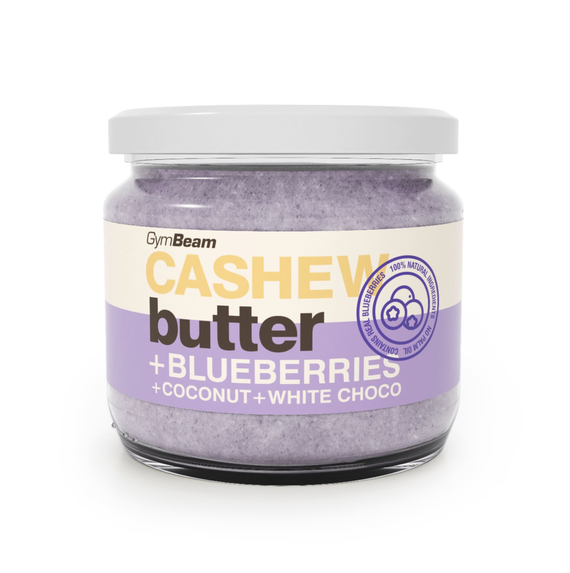GymBeam Cashewbutter Blaubeere + Kokosnuss und weißer Schokolade streichzart 340 g