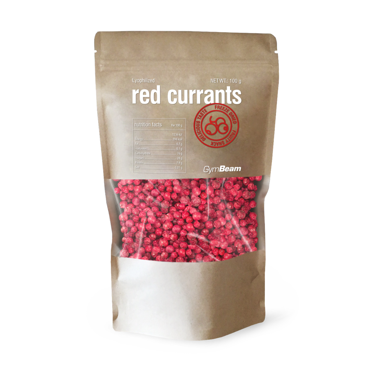 GymBeam Gefriergetrocknete rote Johannisbeeren ohne Zusatzstoffe knuspriger Fruchtsnack 100 g