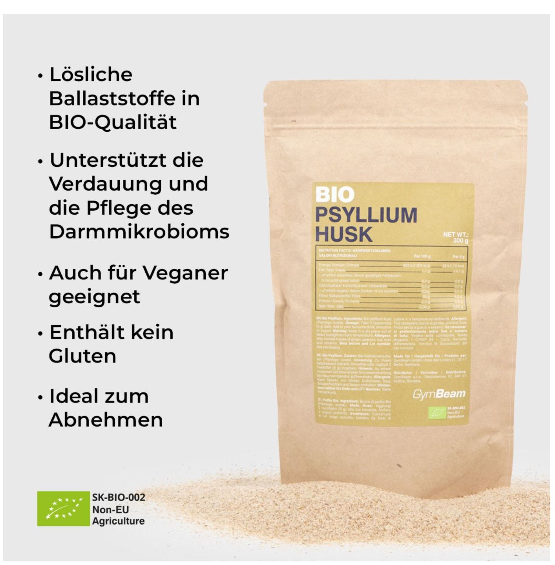 GymBeam BIO Flohsamen löslicher Ballaststoff Flohsamenschalen Vegan 300 g
