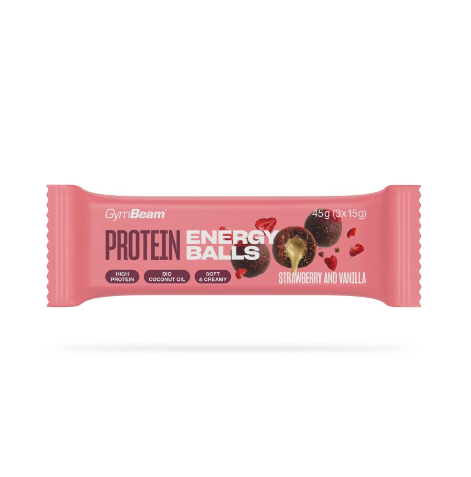 GymBeam Protein Energy Balls Müslibälle Dattelbällchen mit cremiger Erdbeere-Vanille Füllung