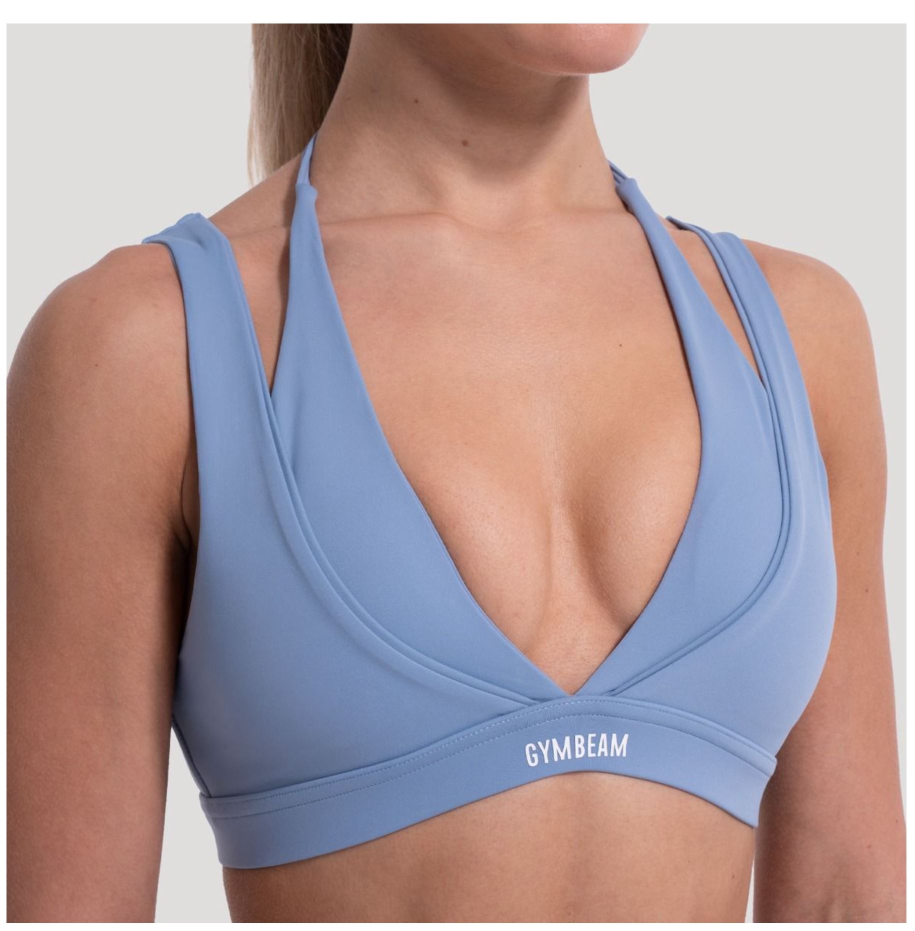 GymBeam Sport-BH FLOW Azurblau zweilagiges Design Fitness-BH mit Stützkraft & V-Ausschnitt Gr. S