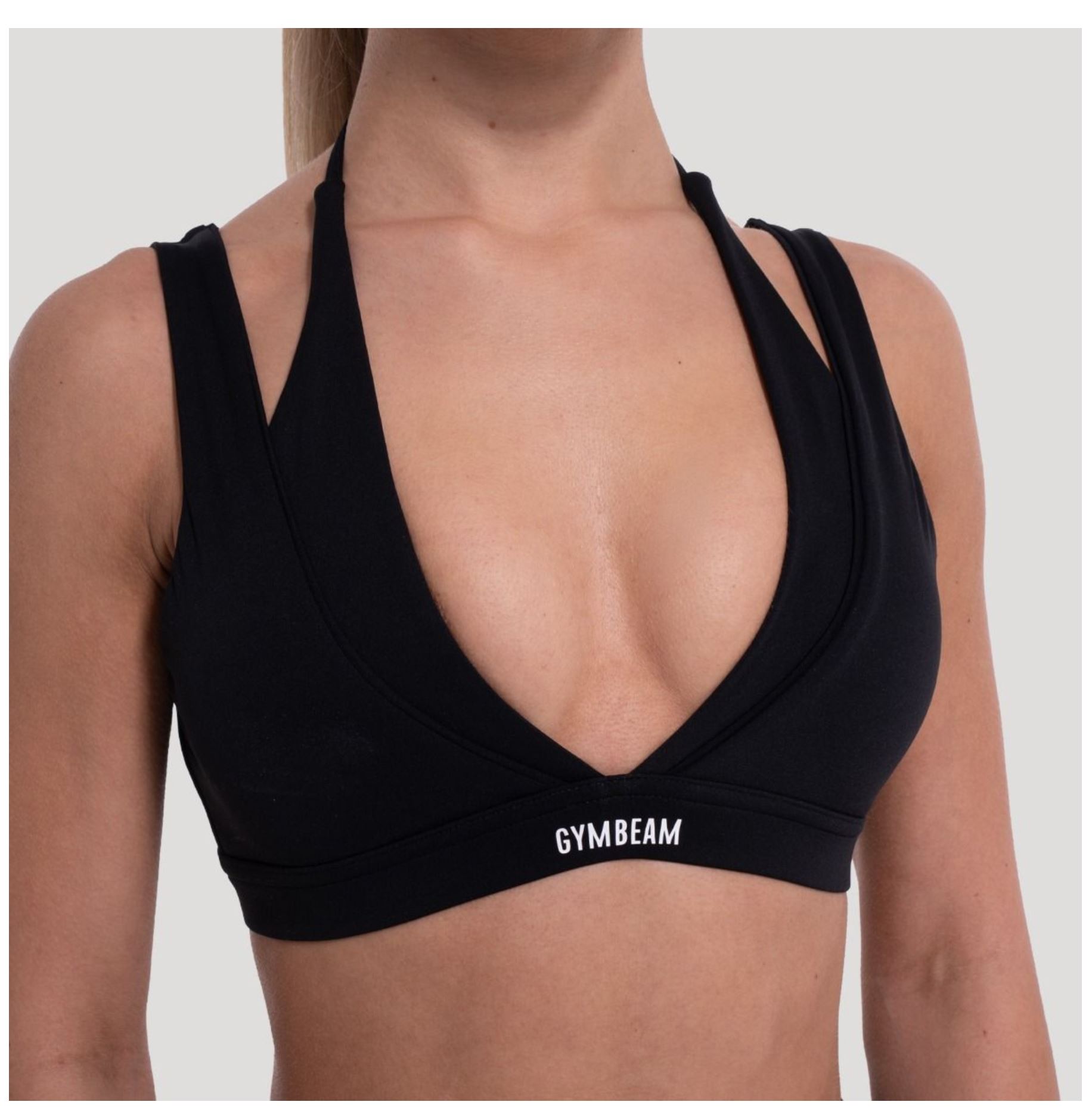 GymBeam Sport-BH FLOW in schwarz zweilagiges Design Fitness-BH mit Stützkraft & V-Ausschnitt Gr. S