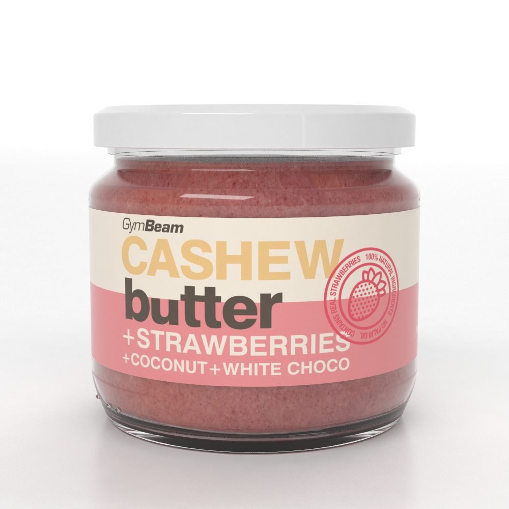 GymBeam Cashewbutter mit Kokosnuss weißer Schokolade & Erdbeeren cremiger Aufstrich 340 g